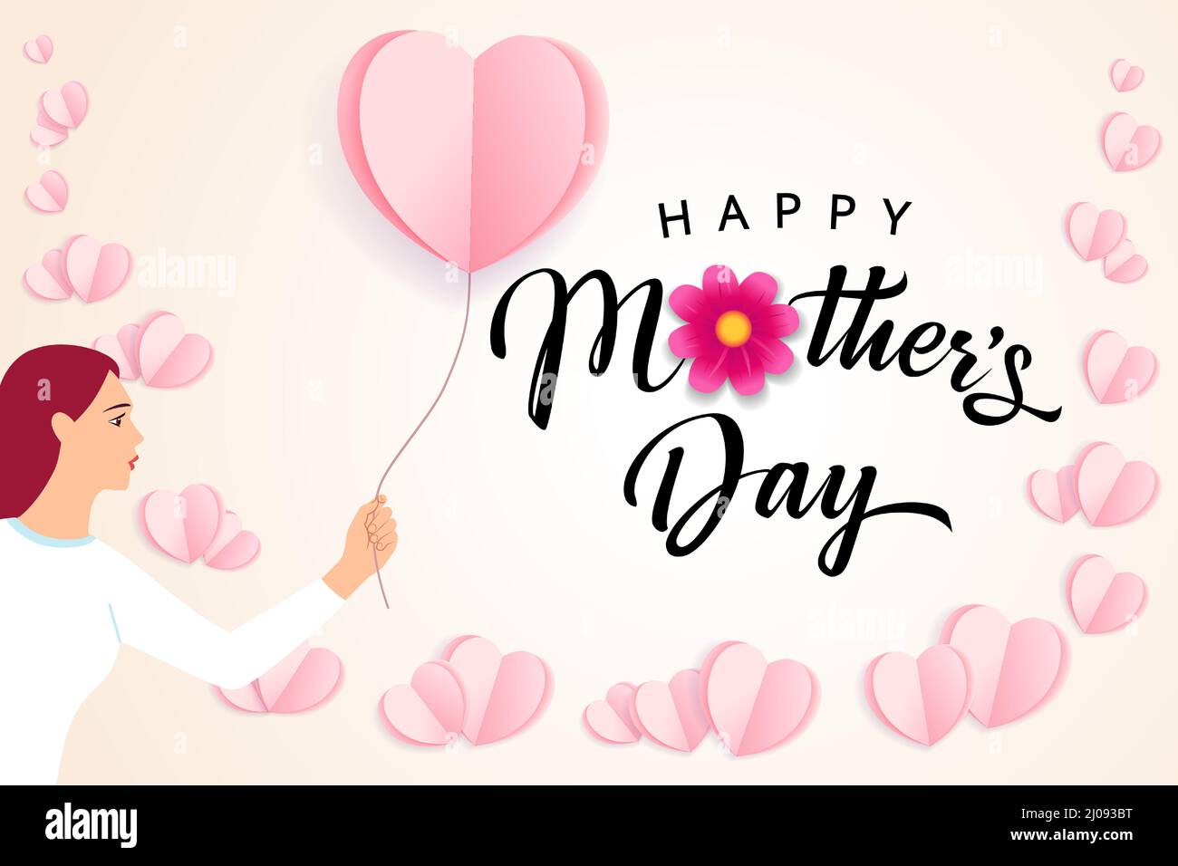 Happy Mothers Day with paper heart flying balloon. Vector banner with ...