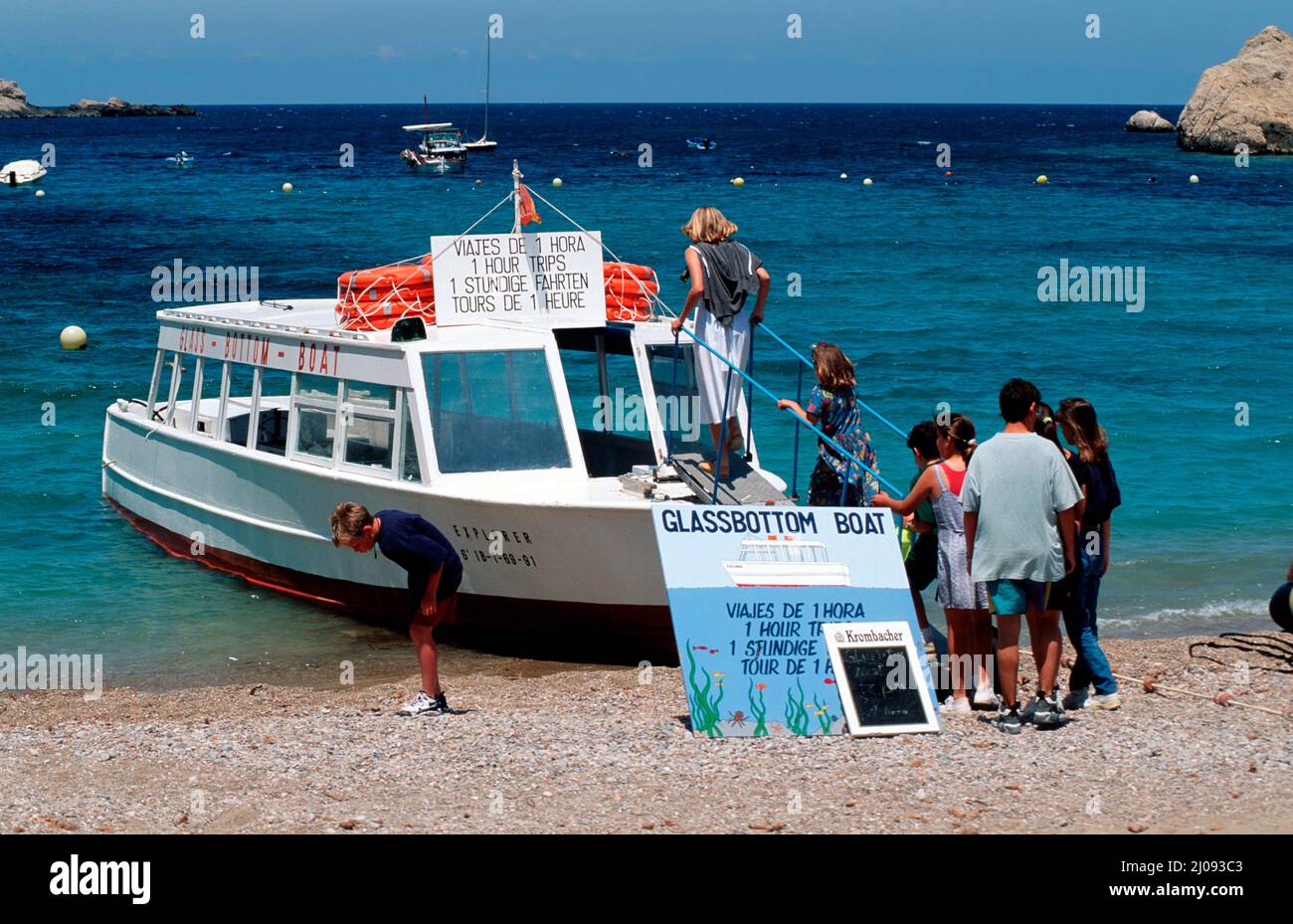 Glassbottom boat in  San Miguel bay, Ibiza, Spain, Europe Stock Photo