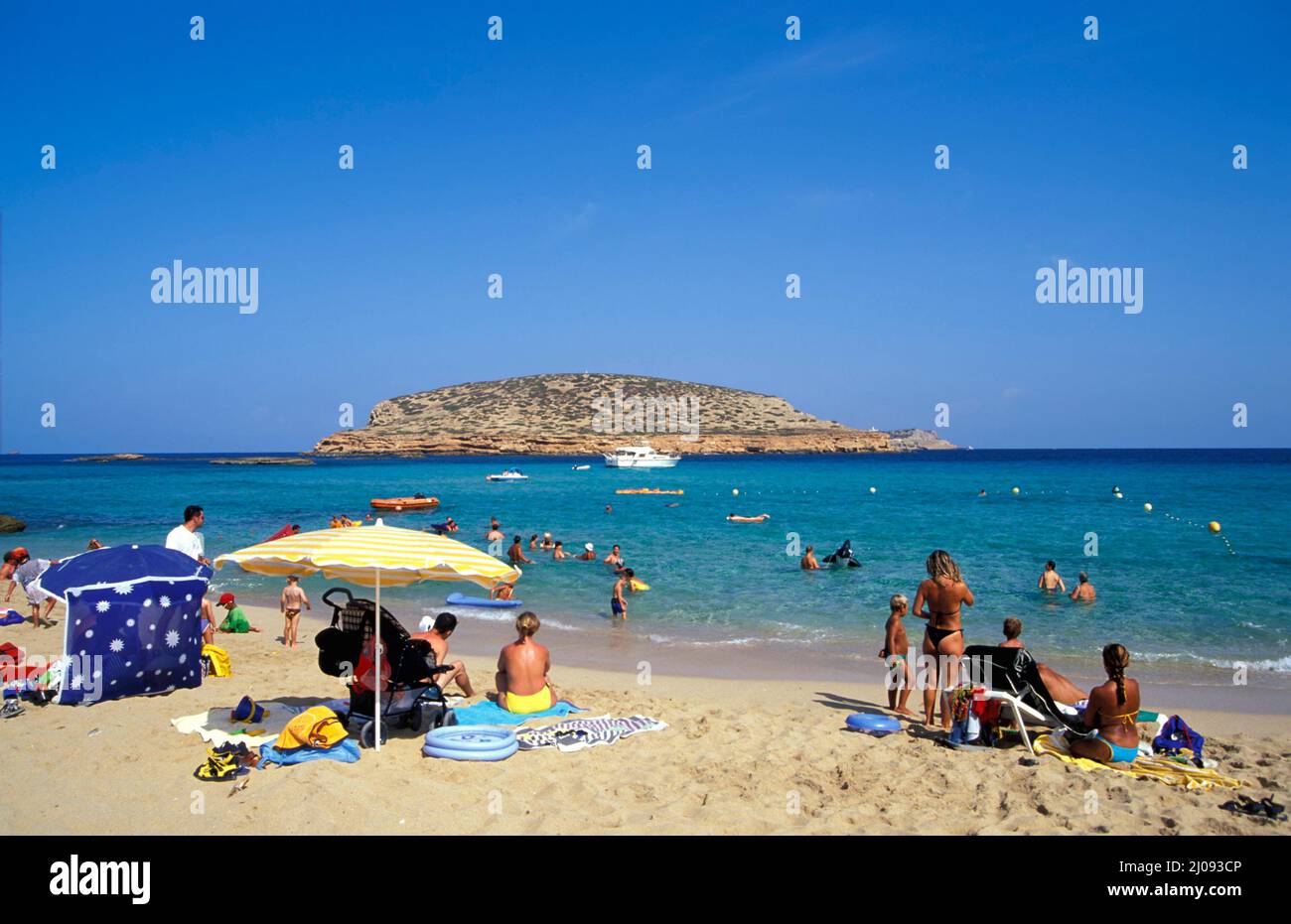 Beach at Cala Comte bay, Ibiza, Spain, Europe Stock Photo