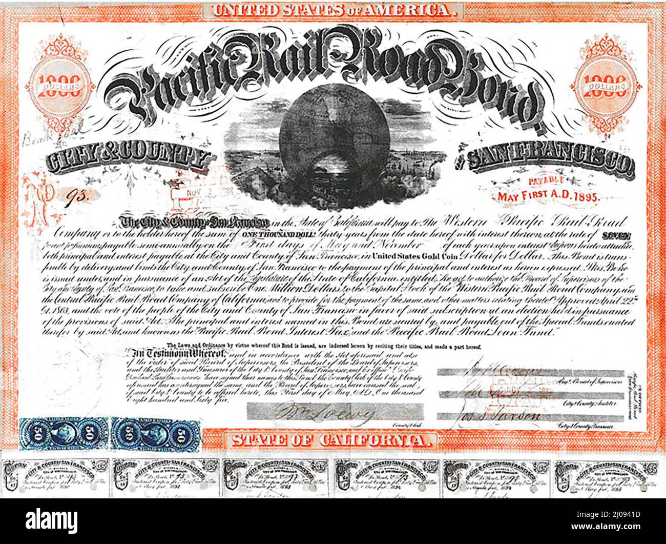 : $1,000 (30 year, 7%) 'Pacific Railroad Bond' (#93 of 200) issued by the City and County of San Francisco under 'An Act to Authorize the Board of Supervisors of the City and County of San Francisco to take and subscribe One Million Dollars to the Capital Stock of the Western Pacific Rail Road Company and the Central Pacific Rail Road Company of California and to provide for the payment of the same and other matters relating thereto' approved on April 22, 1863, as amended by section Five of the 'Compromise Act' approved on April 4, 1864, to fund the construction of the Western Pacific Railroad Stock Photo