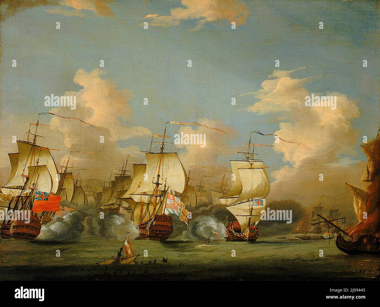 The Battle of Cape Passaro, 11 August 1718 - The Battle of Cape Passaro, 11 August 1718. A painting showing an action during the war with Spain, 1718-20. The Spanish flagship Real San Felipe in the centre, flanked on either side by probably British Superbe and Kent - Peter Monamy or Isaac Sailmaker Stock Photo