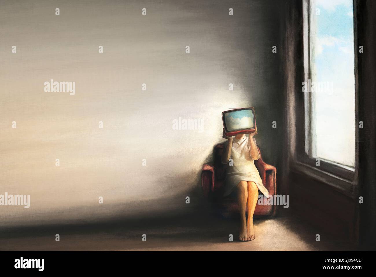 surreal illustration of a woman with her head hidden by a tv projecting a sky Stock Photo