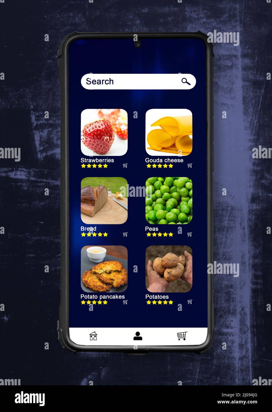 Food is ordered online. An app enables ordering via smartphone. App is fictitious and royalty free. Stock Photo