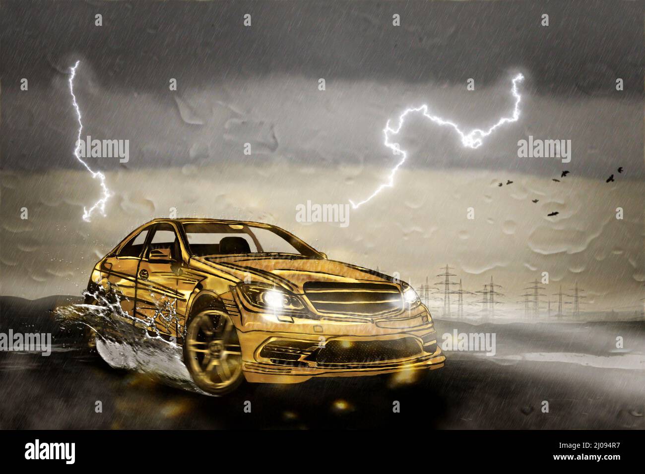 An illustrated golden limousine drives through a rainy weather. Lightning flashes in the sky. In a curve the car drives through a puddle. Stock Photo