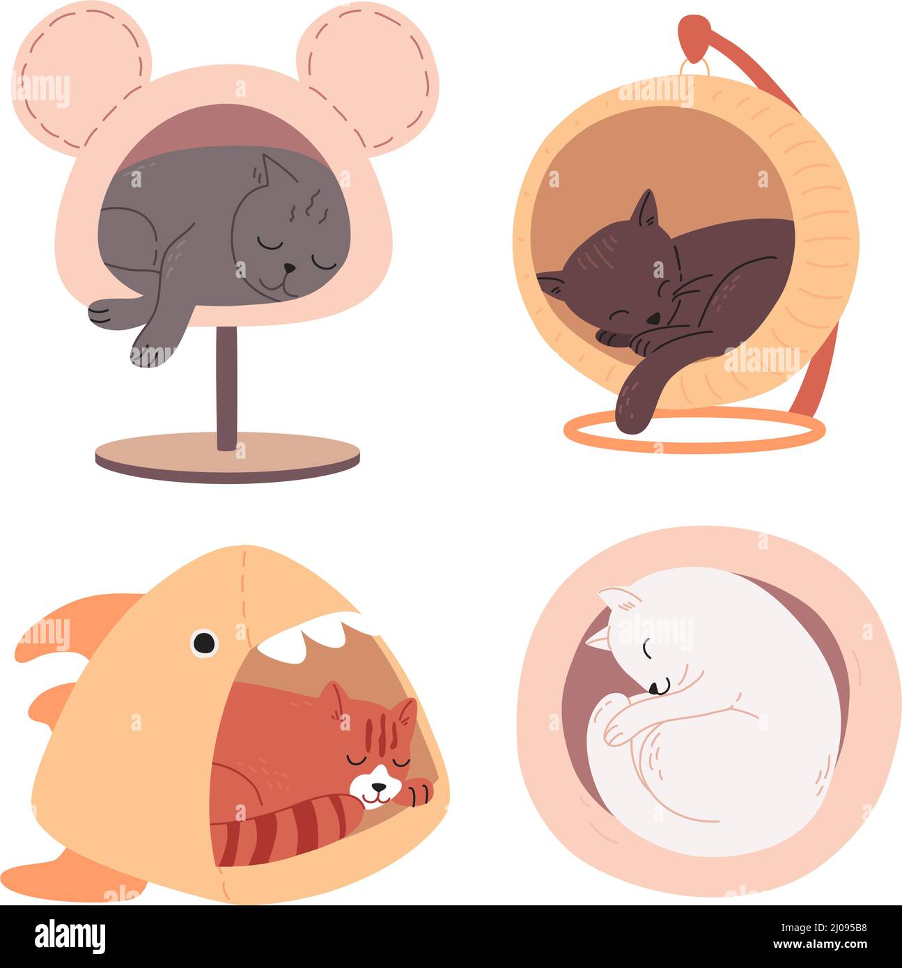 Cute multi-colored cats of different breeds sleep in cat houses. Tired little kittens lie in pet beds. Funny animals drawn in a flat style. Color vector illustration, doodle set isolated on white Stock Vector