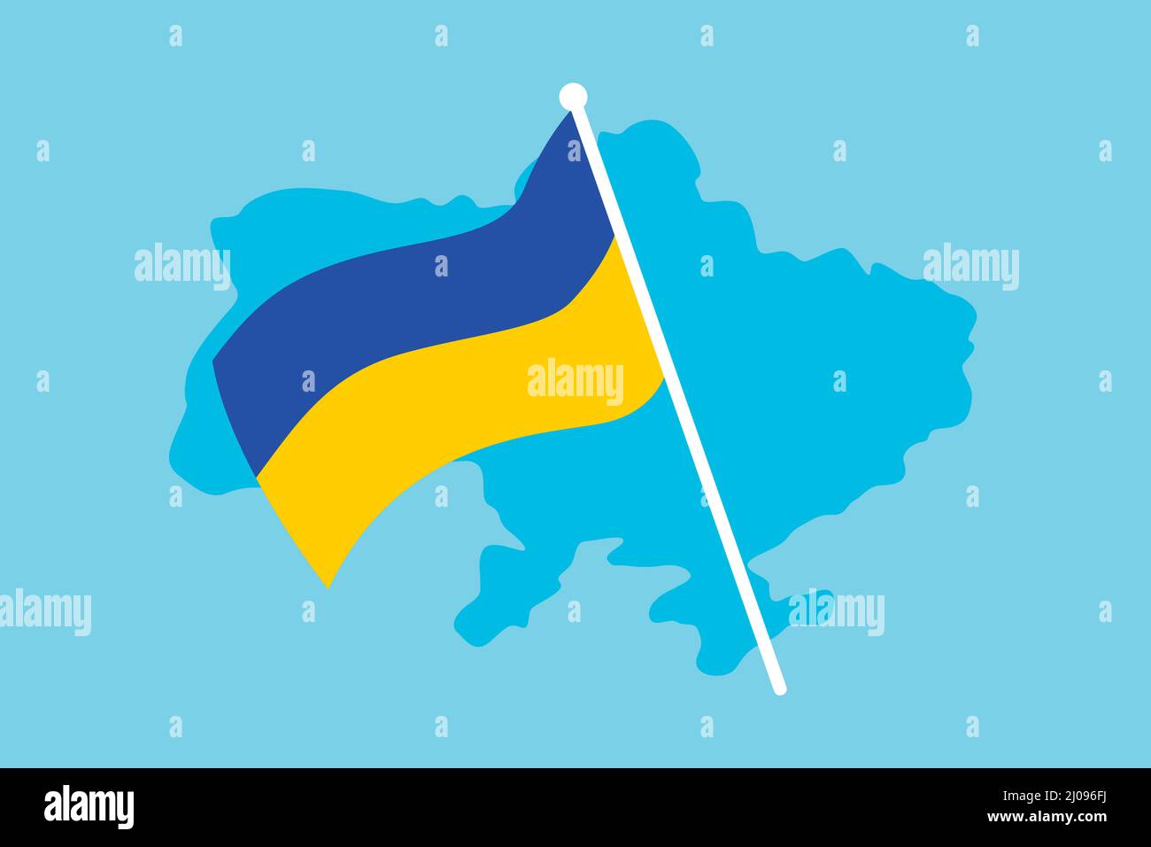 Ukrainian flag over the map of Ukraine design. Concept of modern European sovereign country symbol, flat design editable vector eps. Stock Vector