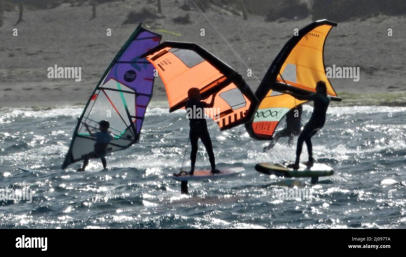 Tenerife, Spain. 17th Mar, 2022. 17th March 2022 El Medano BeachTenerife  Spain. Kite and wind surfers off the Southern tip of Tenerife, famous for  its very strong winds Credit: Leo Mason sports/Alamy