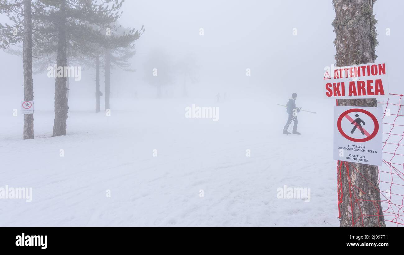 Bad foggy weather at ski resort. Mount Olympus, Troodos, Cyprus Stock Photo