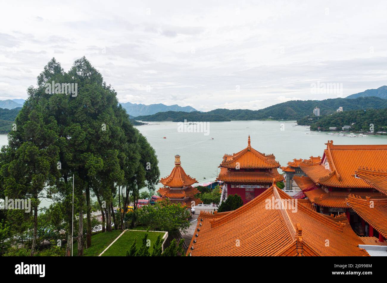 aerial-shot-of-wen-wu-temple-roofs-in-background-of-sun-moon-lake-and