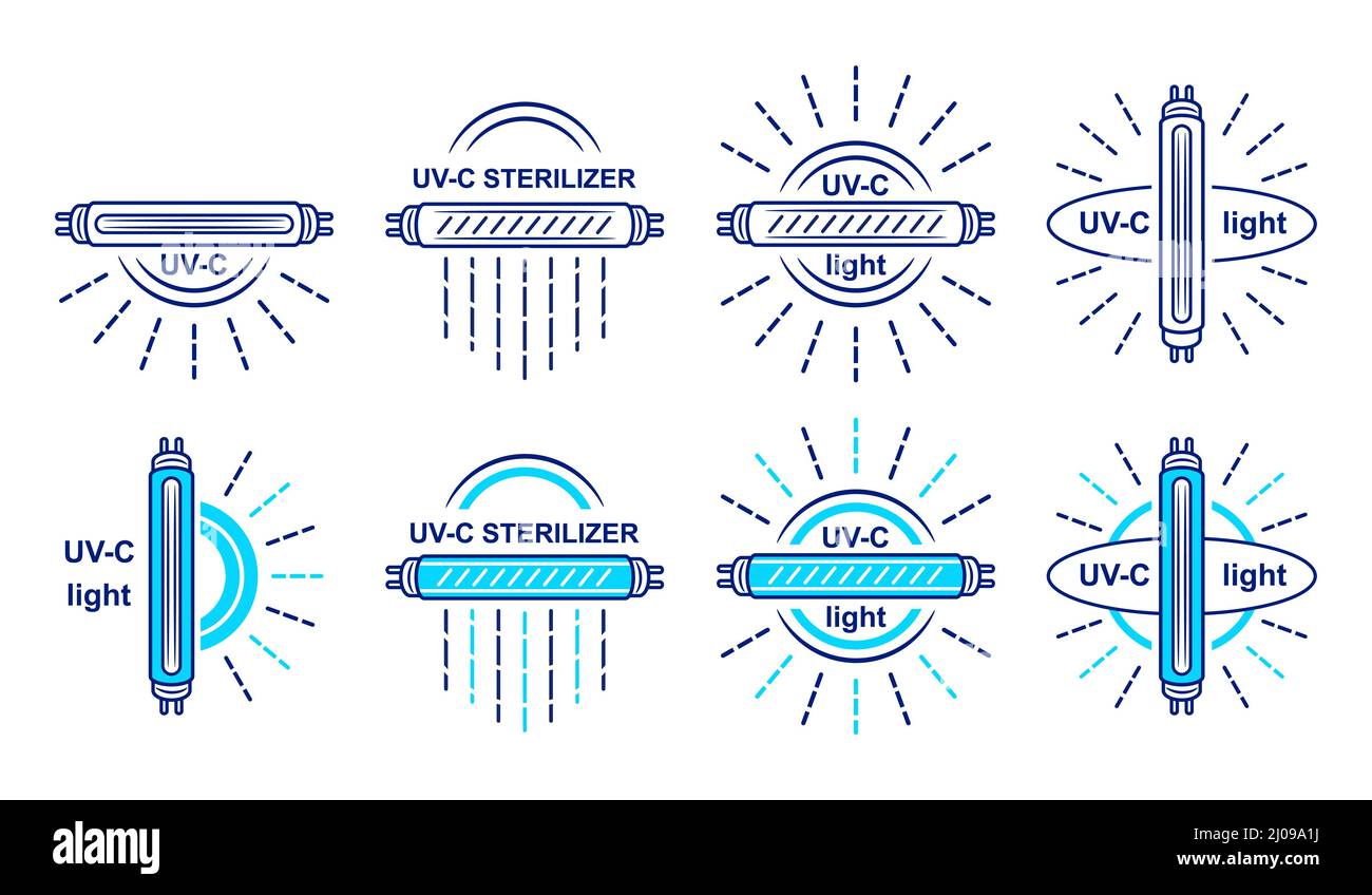 UV light disinfection lamp line icon set. UVC ultraviolet quartz sterilizer bulb. Antibacterial disinfect ray. Surface cleaning from bacteria. Vector Stock Vector