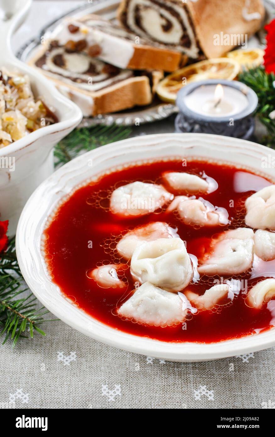 Beetroot red borsch with polish dumplings uszka. Traditional dish Stock Photo