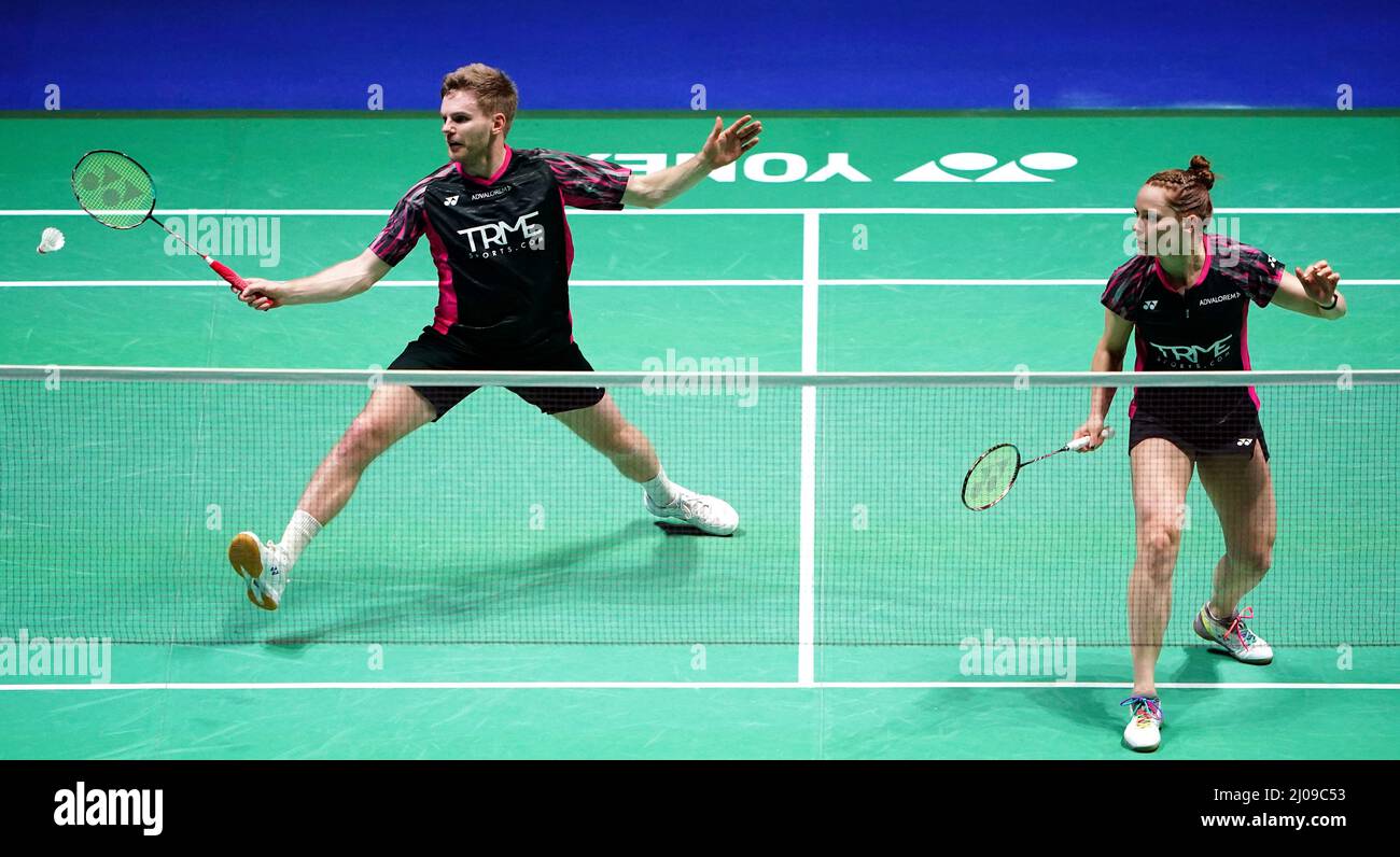 England's Marcus Ellis and Lauren Smith (right) in action against Japan's Yuki Kaneko and Misaki Matsutomo during day two of the YONEX All England Open Badminton Championships at the Utilita Arena Birmingham. Picture date: Thursday March 17, 2022. Stock Photo