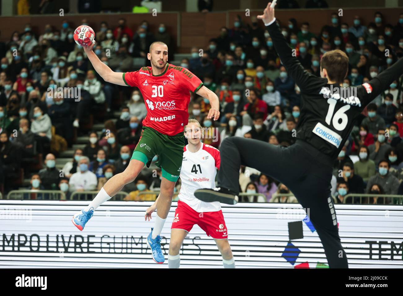 Guimaraes, Portugal. 17th Mar, 2022. Guimarães, 03/17/2022 - The Portugal  national team received the Swiss national team tonight, at the Multipurpose  Pavilion of Guimarães, in a Play-Off game for the 2023 Handball