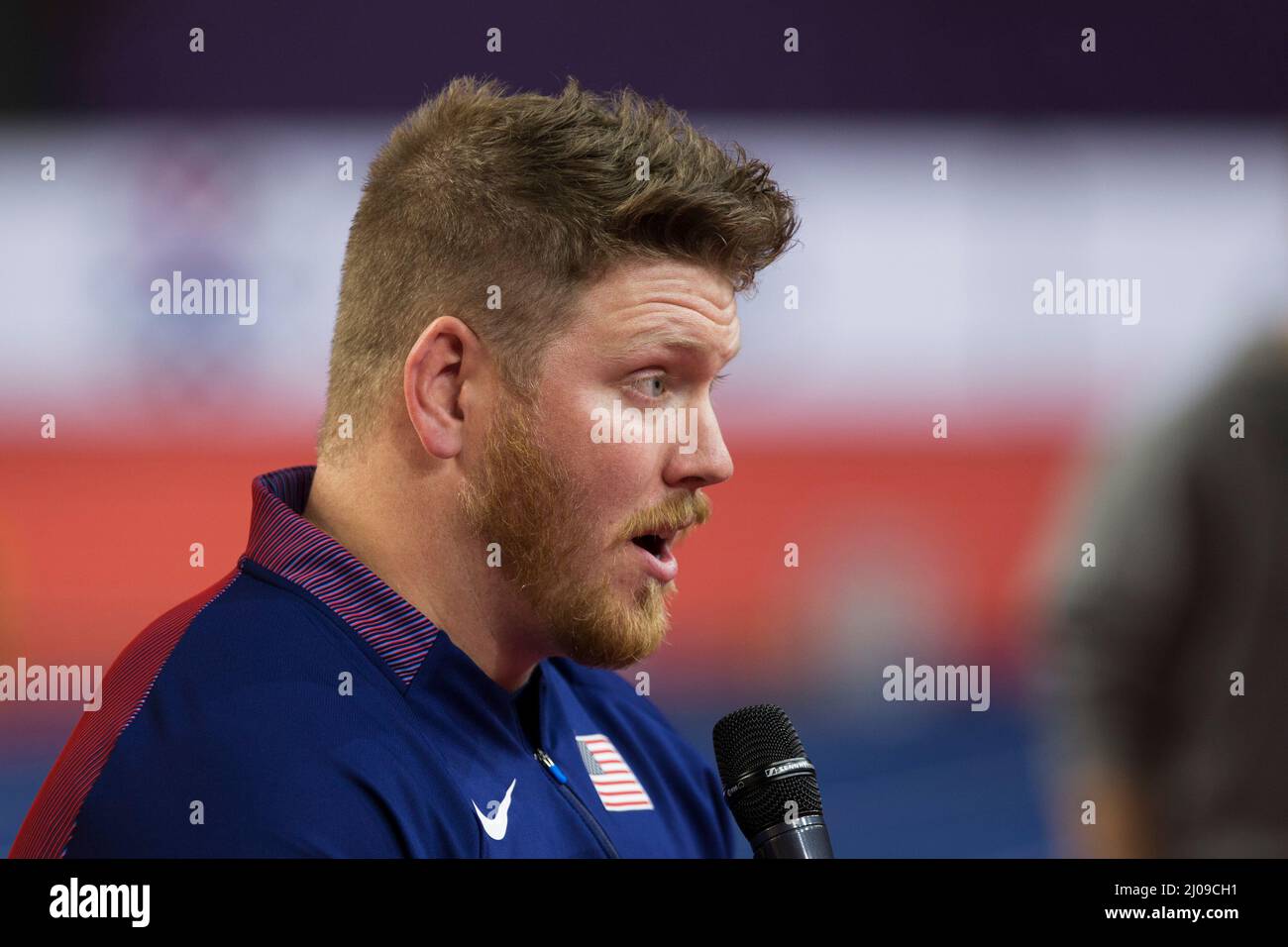 Belgrade, Serbia, 17th March 2022. Ryan Crouser of USA speaks during the World Athletics Indoor Championships Belgrade 2022 - Press Conference in Belgrade, Serbia. March 17, 2022. Credit: Nikola Krstic/Alamy Stock Photo