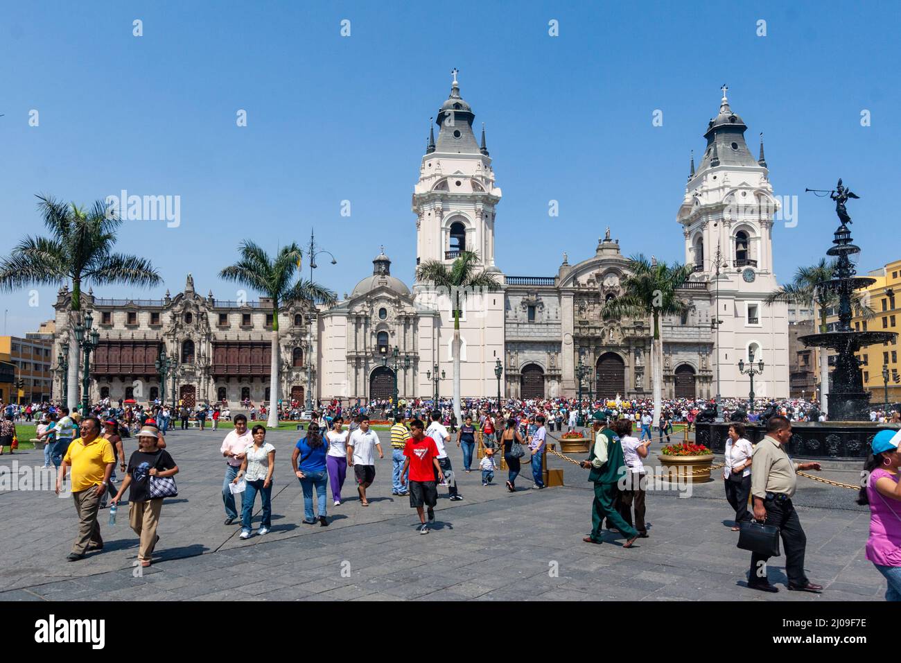 Group of tourists at Plaza de Armas, downtown Lima, Peru Stock Photo