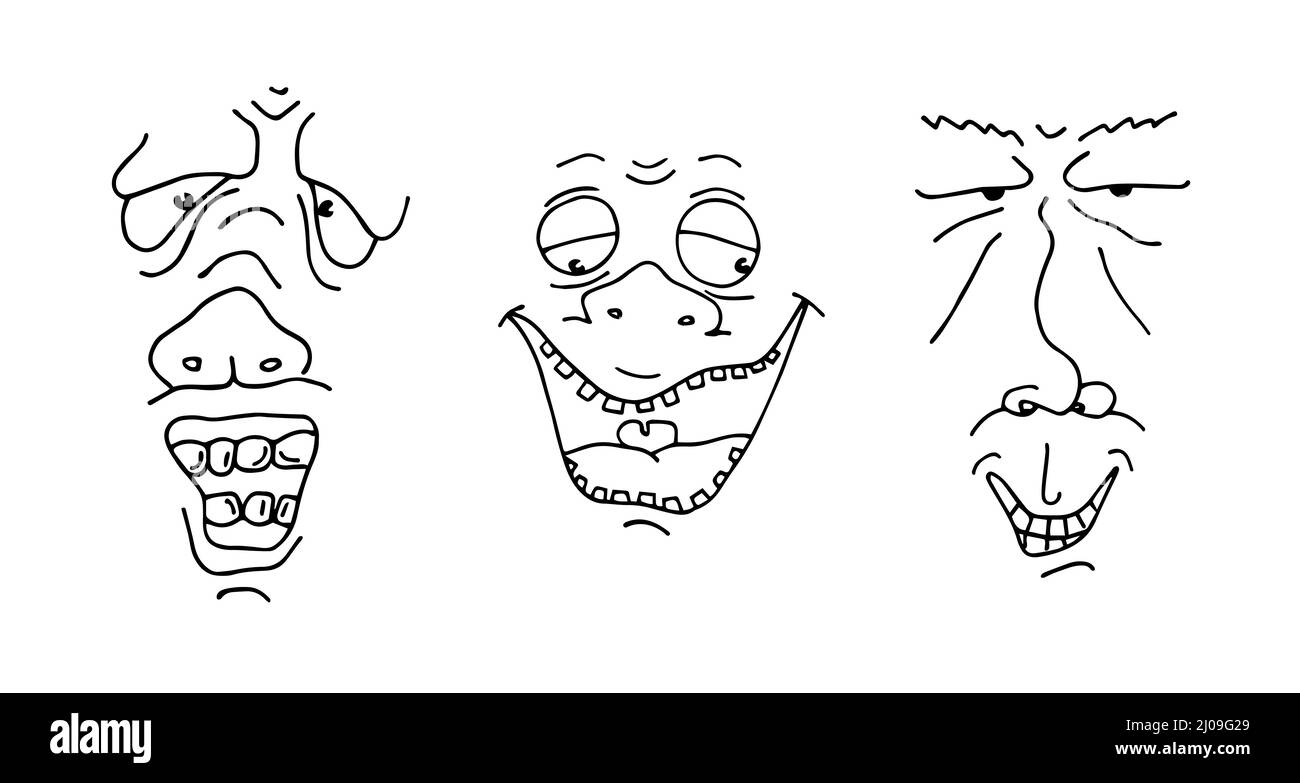 Ugly man face drawing sketch set. Hand drawn outline doodle cartoon freak character grimace collection. Different crazy person portrait avatars. Vector eps isolated illustration Stock Vector