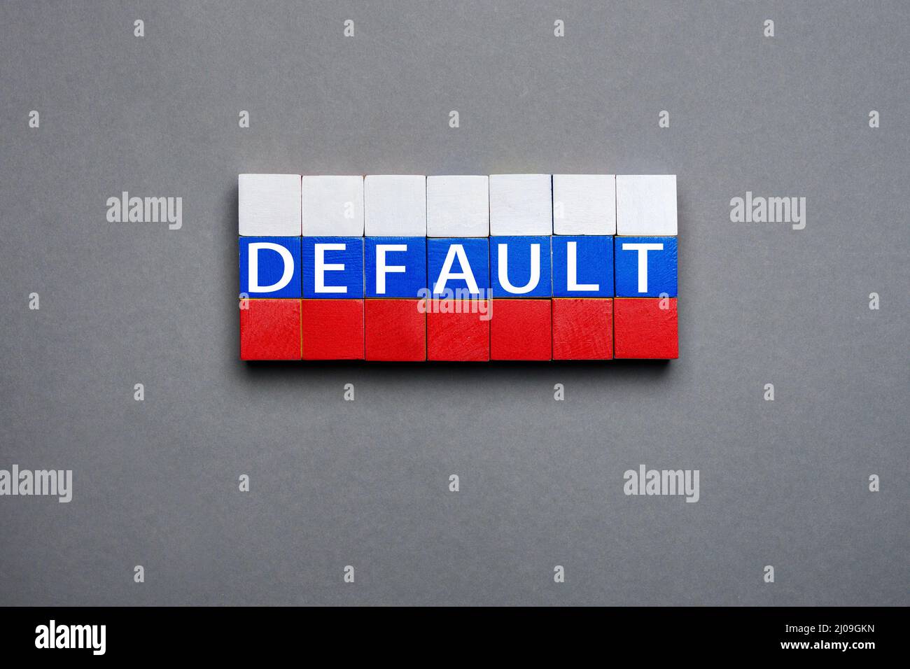 Wooden cubes text concept default blocks stack Russian federation crisis. Cubes default text isolated flag of Russia concept. Made of block letters Stock Photo