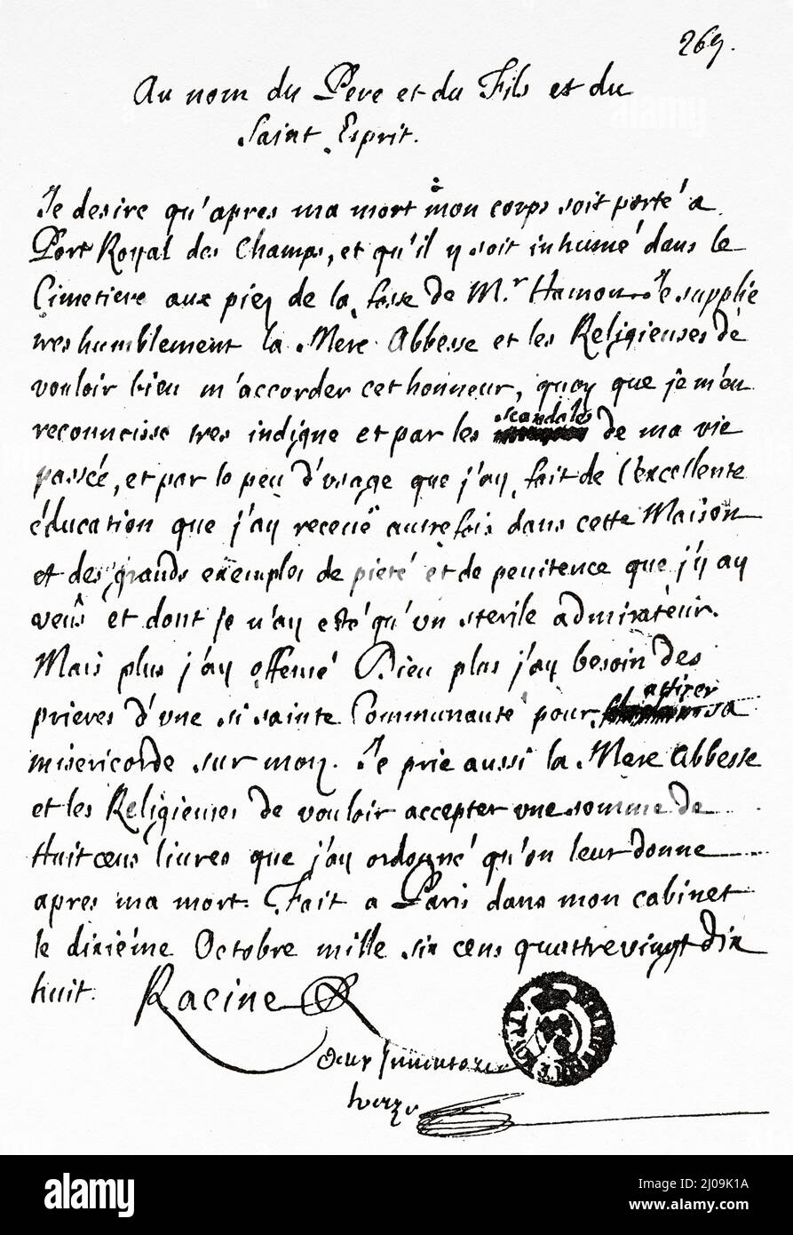 Testament of Jean Baptiste Racine (16391699) French dramatist of 17th