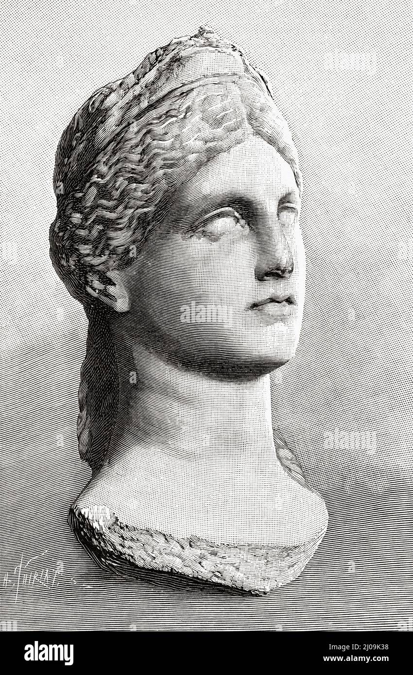 Head of Ceres was a goddess of agriculture, grain crops, fertility and motherly relationships. Old 19th century engraved illustration from La Nature 1899 Stock Photo