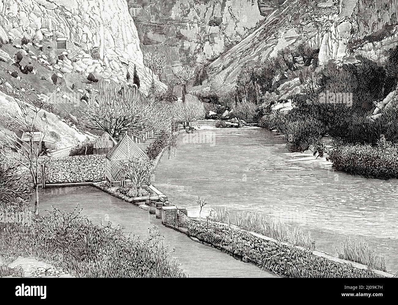 Sources of the Sorgue below the Fountain of Vaucluse. France, Europe. Old 19th century engraved illustration from La Nature 1899 Stock Photo