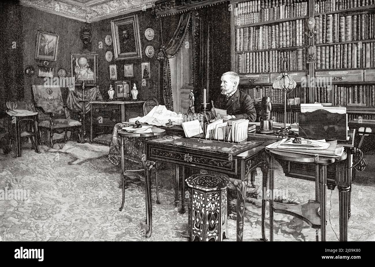 Gaston Tissandier in his study. France, Europe. Old 19th century engraved illustration from La Nature 1899 Stock Photo