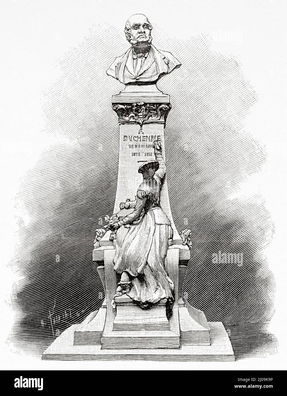 Monument to Doctor Guillaume Benjamin Amand Duchenne, known as Duchenne de Boulogne (1806-1875) was a 19th-century French physician and clinical researcher who is considered a pioneer in neurology and medical photography, Boulogne-sur-Mer. Pas de Calais Department. Old 19th century engraved illustration from La Nature 1899 Stock Photo