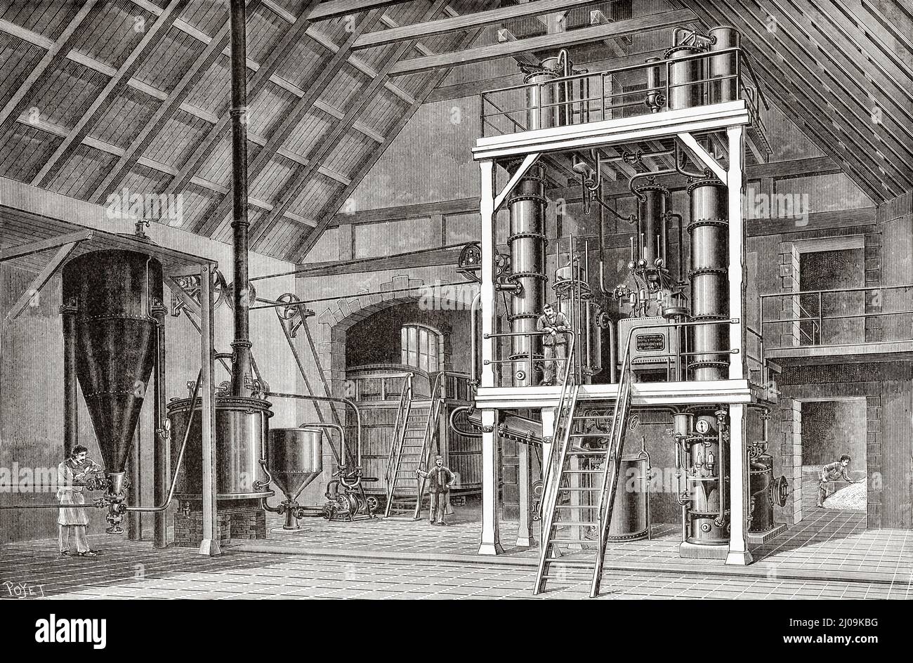 Agricultural apples distillery of the castle of Audor, count of Dortan, producing the restified alcohol of the first draft, France, Europe. Old 19th century engraved illustration from La Nature 1899 Stock Photo