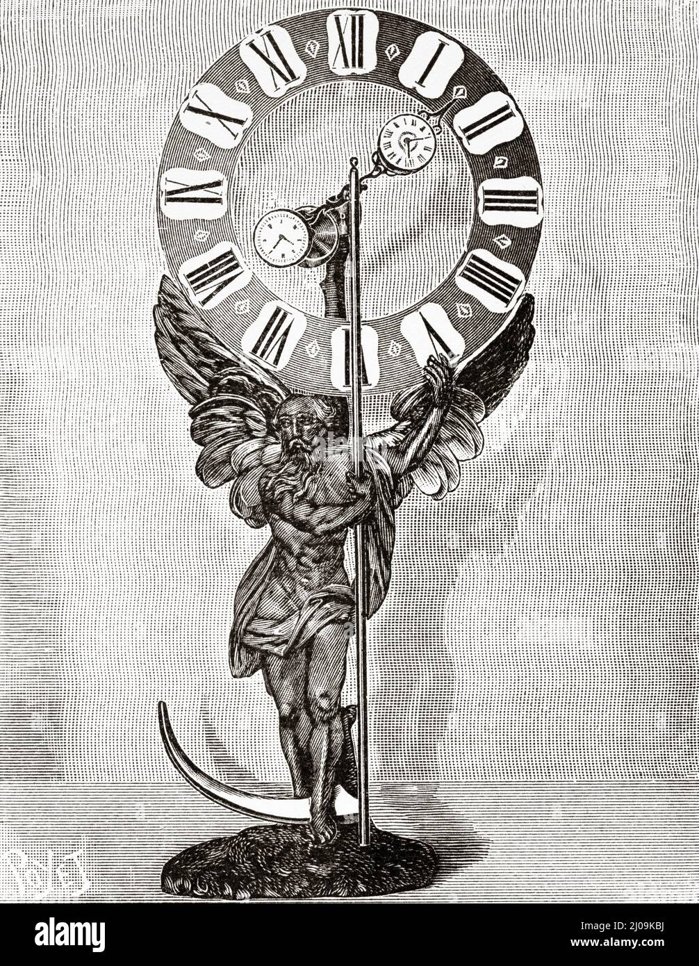 Mysterious clock. Eighteenth century mystery clock. Old 19th century engraved illustration from La Nature 1899 Stock Photo