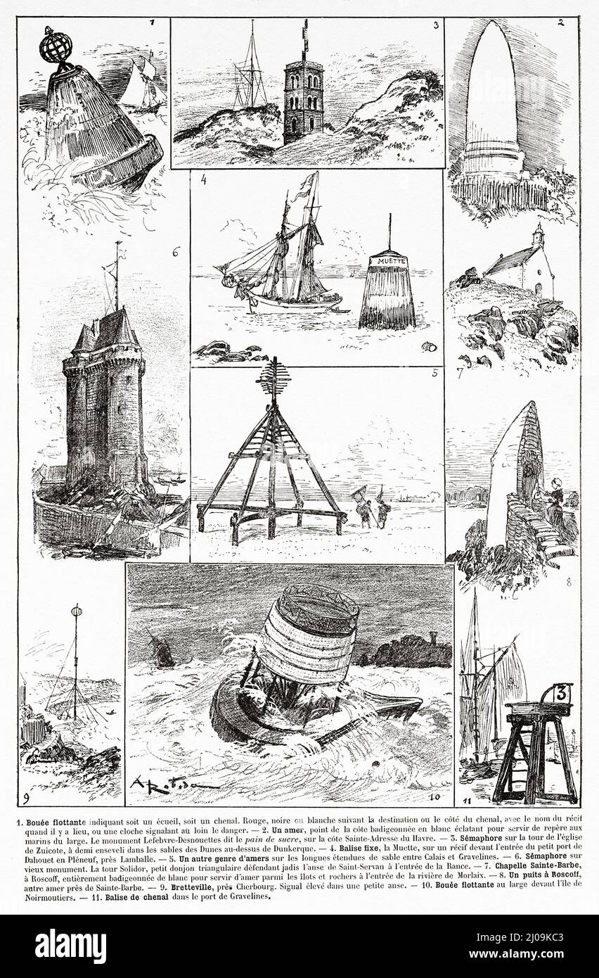 On the coast. Buoys, semaphores and beacons. Old 19th century engraved illustration from La Nature 1899 Stock Photo