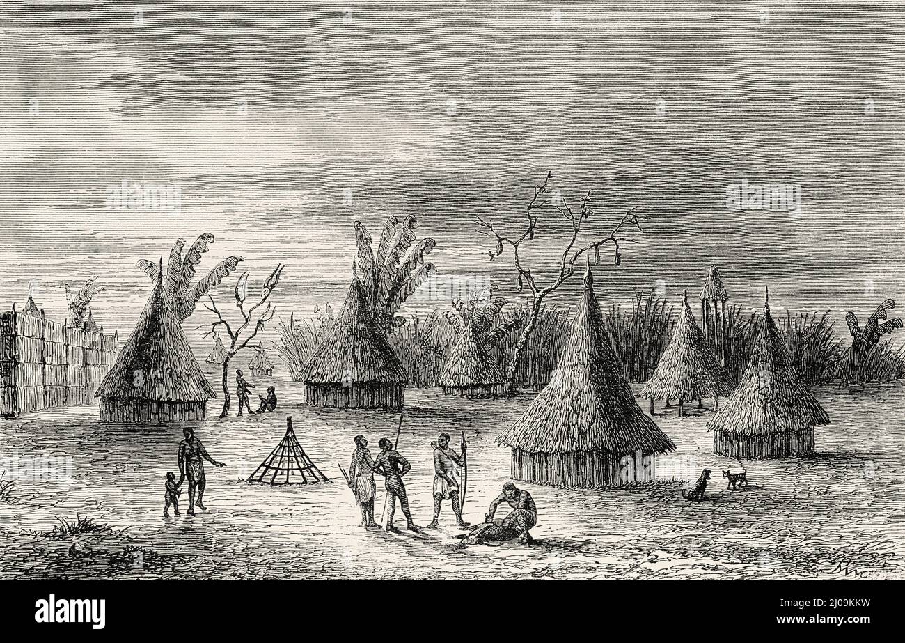 Village of a tribe Sona Bazh, Central Africa. Old 19th century engraved illustration from Journey from Zanzibar to Benguela by Verney Lovett Cameron, Le Tour du Monde 1877 Stock Photo