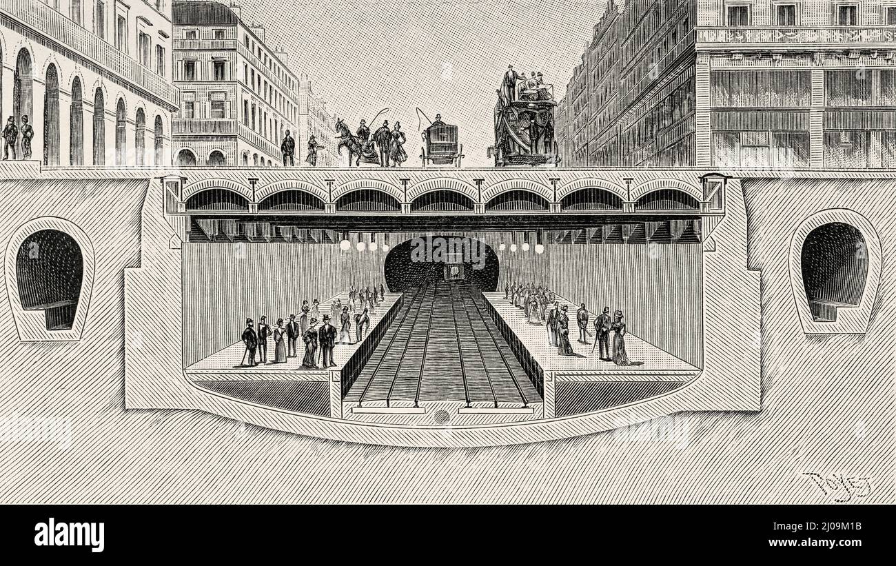 Metropolitan Railway Station, Paris subway. France, Europe. Old 19th