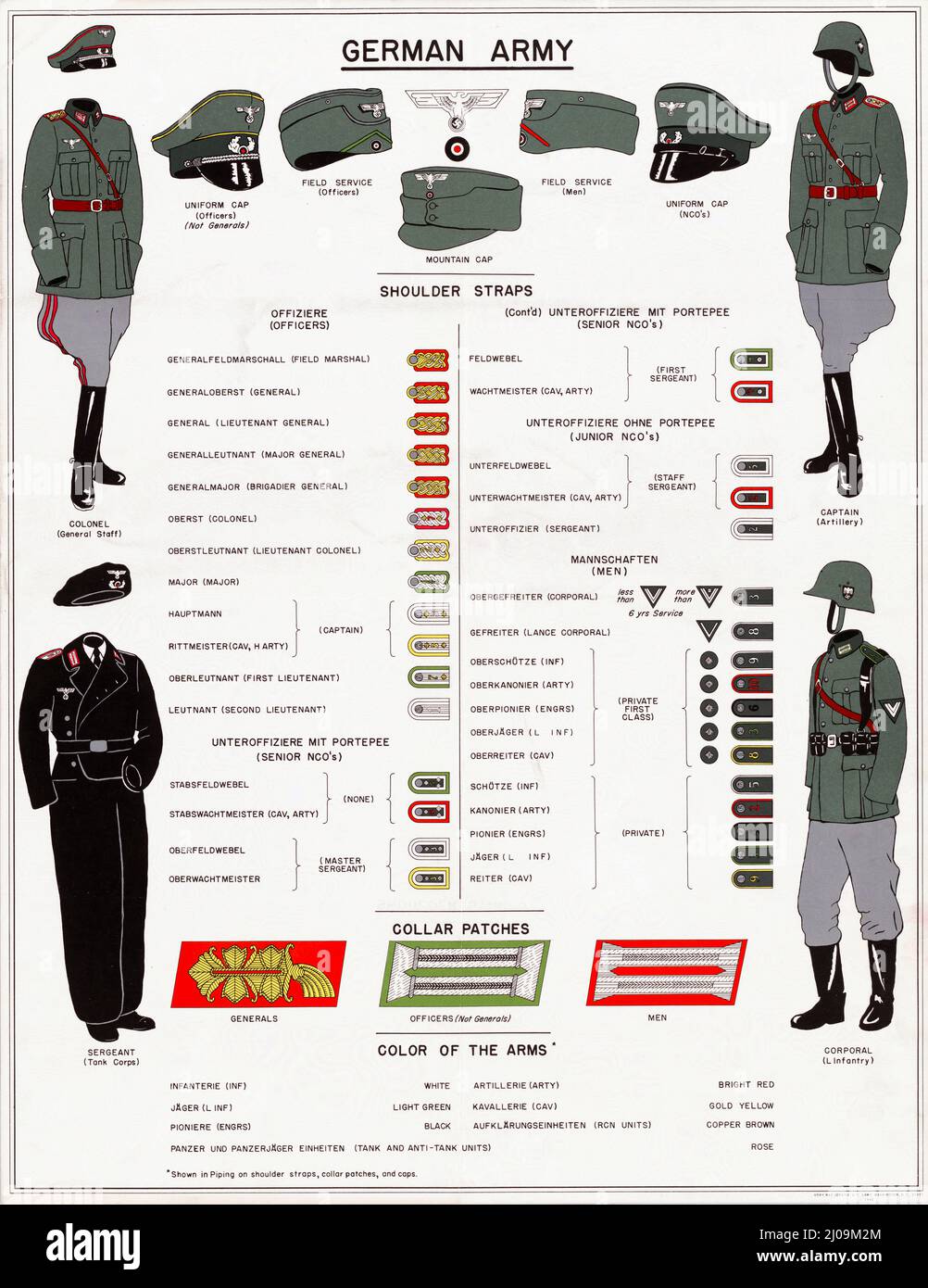 WWII German Army Uniforms, Caps, Shoulder straps, Collar patches, Rank insignia, Poster Chart - US Army 1942 Stock Photo