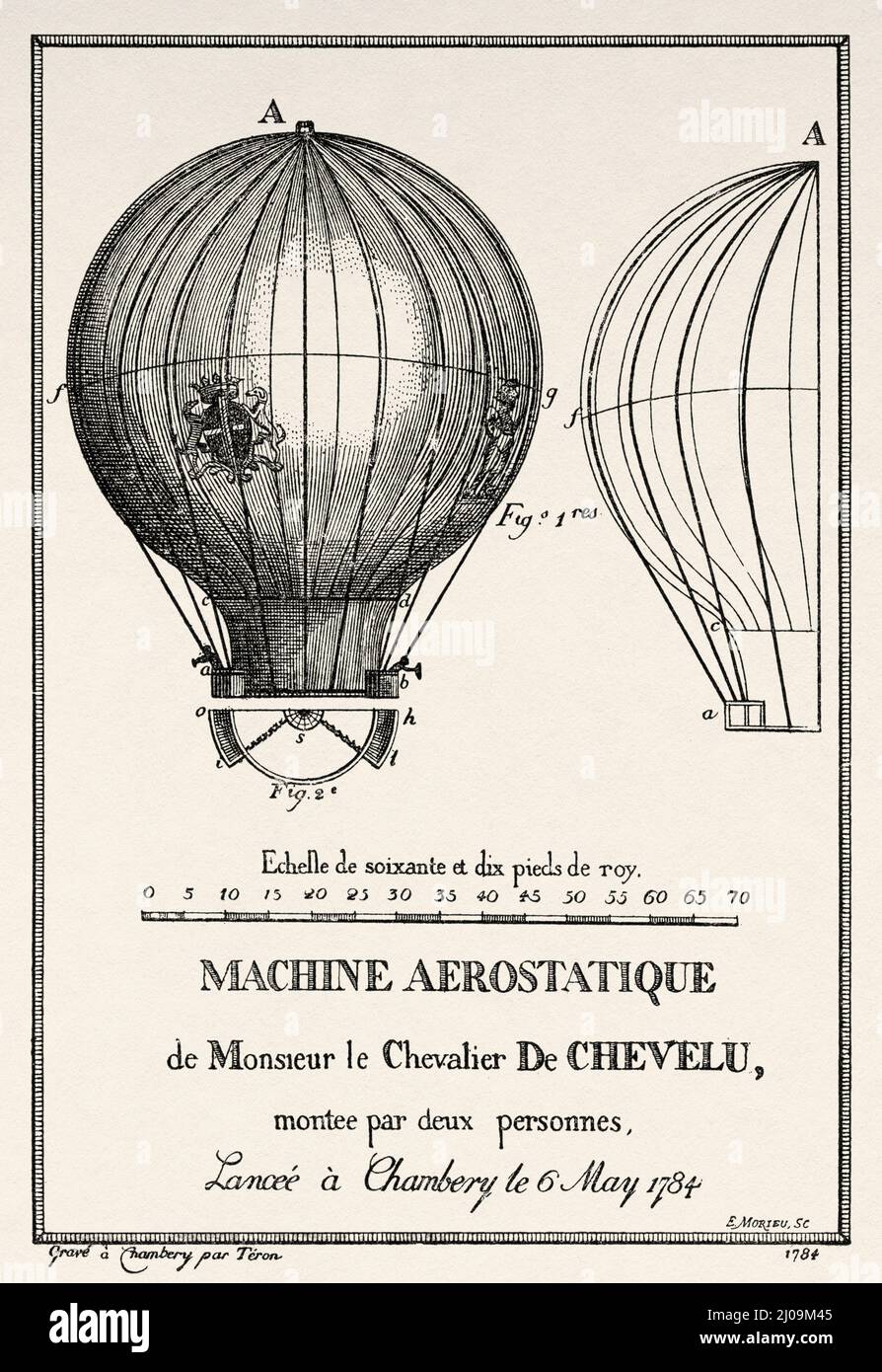 The first balloons. Chevalier de Chevelu Aerostatic Machine launched at Chambery on May 6, 1784. France, Europe. Old 19th century engraved illustration from La Nature 1899 Stock Photo