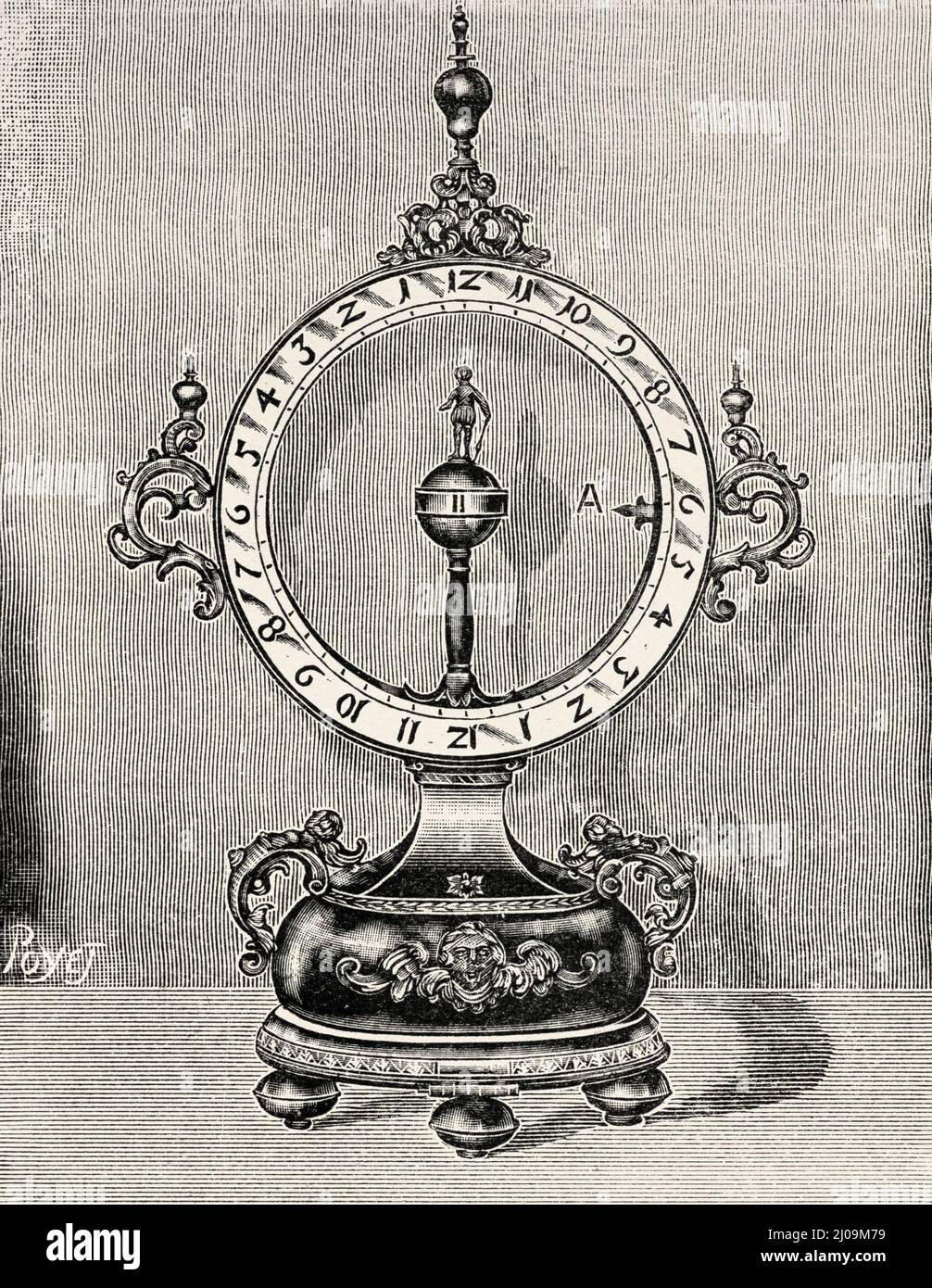 Mysterious seventeenth century clock. Old 19th century engraved illustration from La Nature 1899 Stock Photo