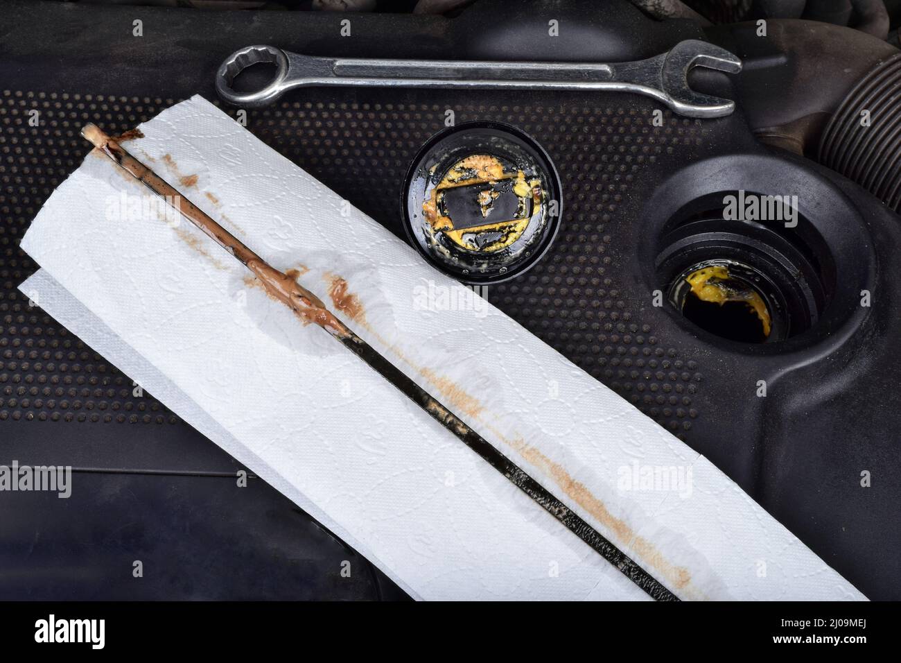 The thick, greasy yellow motor oil under oil cap as signs and symptom