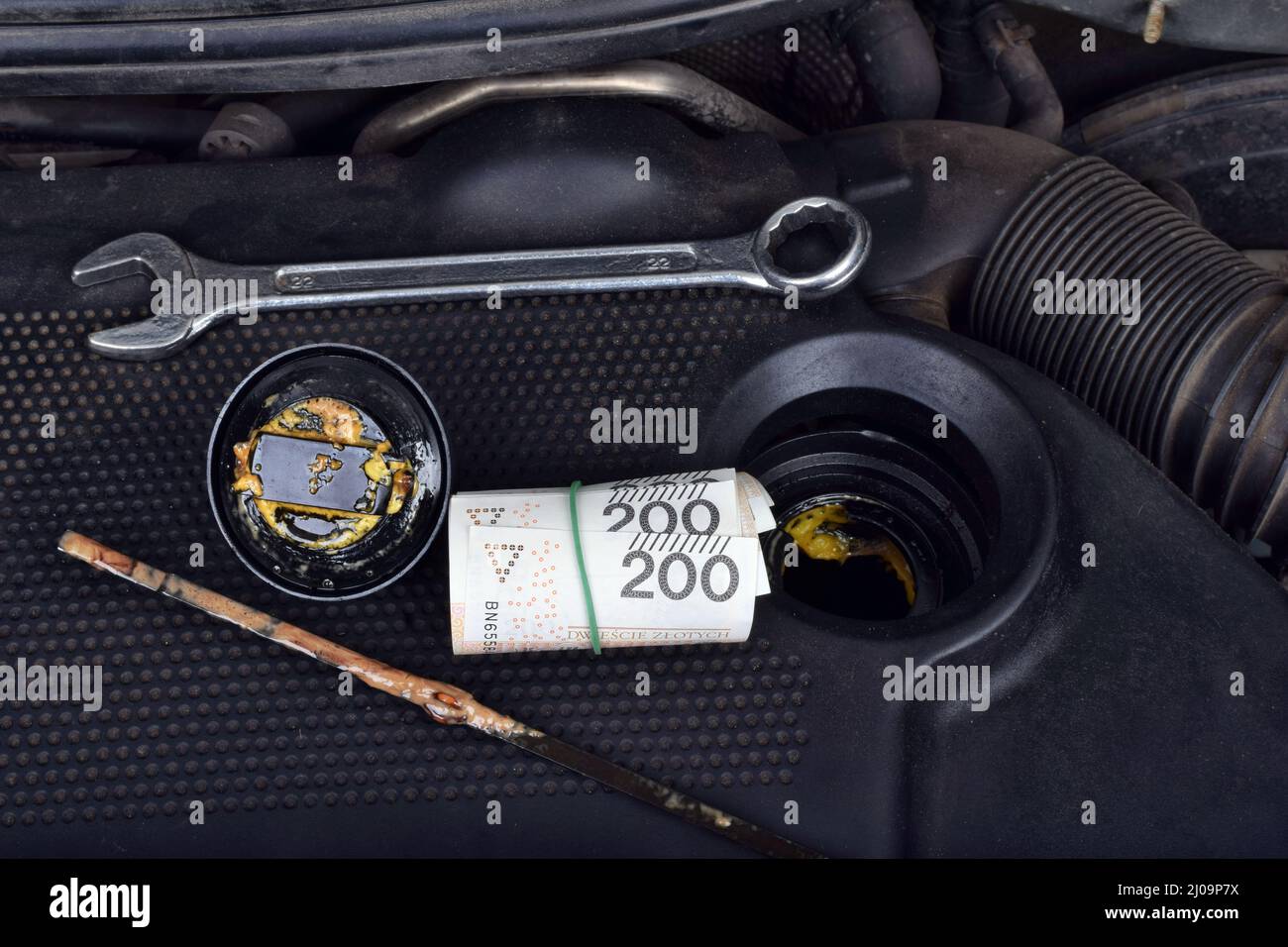 Polish money currency and the thick, greasy yellow motor oil under oil