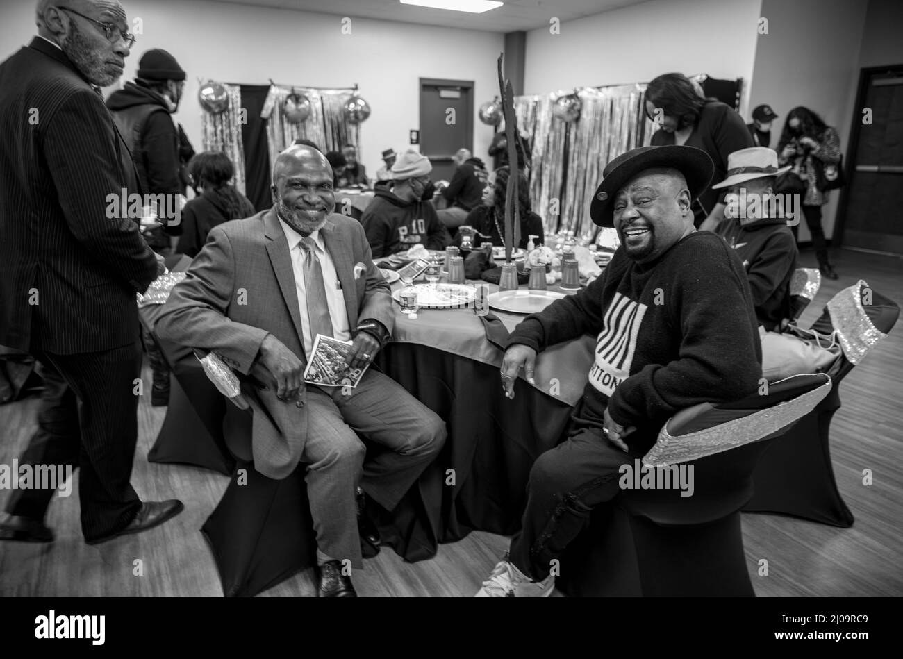 Plainfield, New Jersey, USA. 17th Mar, 2022. Plainfield, NJ Mayor ADRIAN O. MAPP, left with Musician GEORGE CLINTON at South Second Youth Center in Plainfield, NJ. Clinton, founder of the Parliament and the Parliament-Funcadelic was honored by the city of Plainfield. The youth center now stands on the site of Clinton's former barber shop 'Silk Road.'' Stood. Clinton produced the funk hit was 'The Mothership Connection. Credit: ZUMA Press, Inc./Alamy Live News Stock Photo