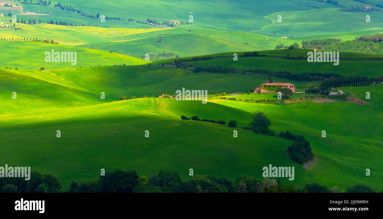 Landscape of village on the meadow, Val d'Orcia, Siena Province, Tuscany Region, Italy Stock Photo