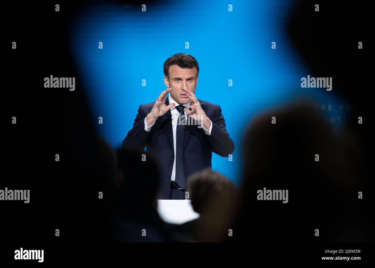 Aubervilliers, France. 17th Mar, 2022. French President Emmanuel Macron speaks during a press conference in Aubervilliers, Seine Saint Denis, France, on March 17, 2022. Macron presented on Thursday his program for the presidential elections to be held in April. At a press conference, Macron laid out his reform plans that cover a broad range of sectors: the economy, culture, agriculture, defense, education, the workplace, gender equality, welfare, households, seniors and the country's institutions. Credit: Xinhua/Alamy Live News Stock Photo