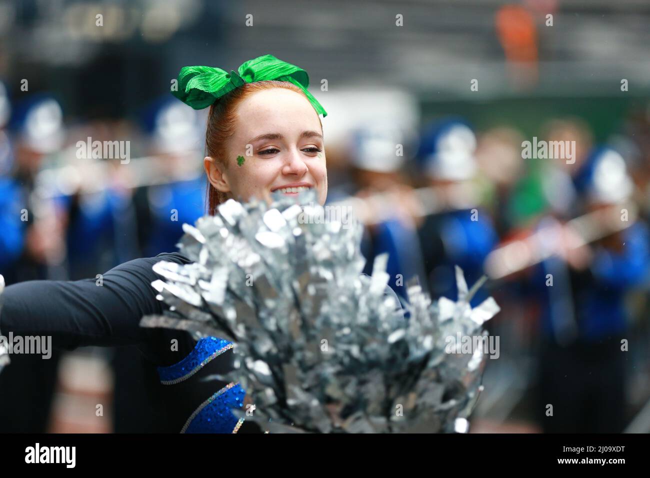 NEW YORK, NEW YORK - March 17, 2022: Members of the North Babylon High School in the St. Patrick's Day Parade, March 17, 2022, in New York. (Photo: Gordon Donovan) Stock Photo
