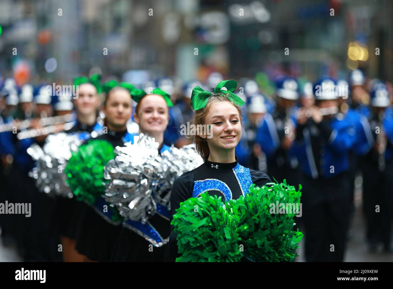 NEW YORK, NEW YORK - March 17, 2022: Members of the North Babylon High School in the St. Patrick's Day Parade, March 17, 2022, in New York. (Photo: Gordon Donovan) Stock Photo