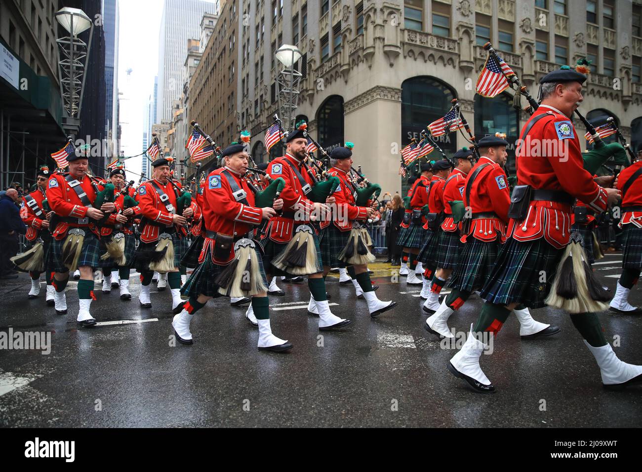 NEW YORK, NEW YORK March 17, 2022 The FDNY Emerald Society Pipe and Drums march in the St