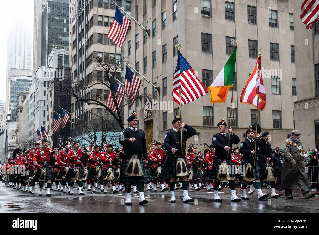 The FDNY Emerald Society Pipes and Drums marches in the St. Patrick's Day Parade in New York