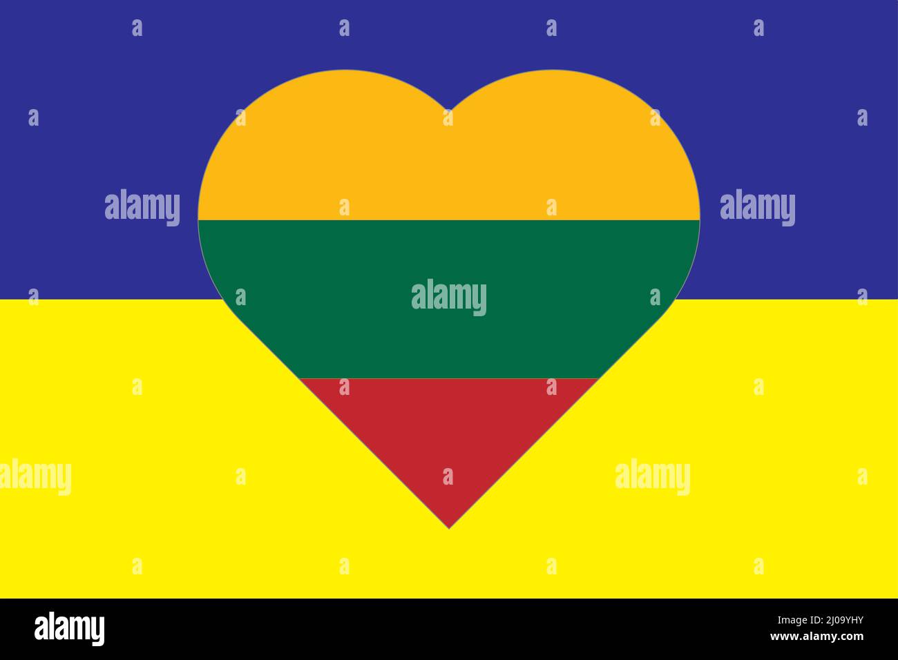 Heart painted in the colors of the flag of Lithuania on the flag of Ukraine. Illustration of a heart with the national symbol of Latvia on a blue-yell Stock Photo