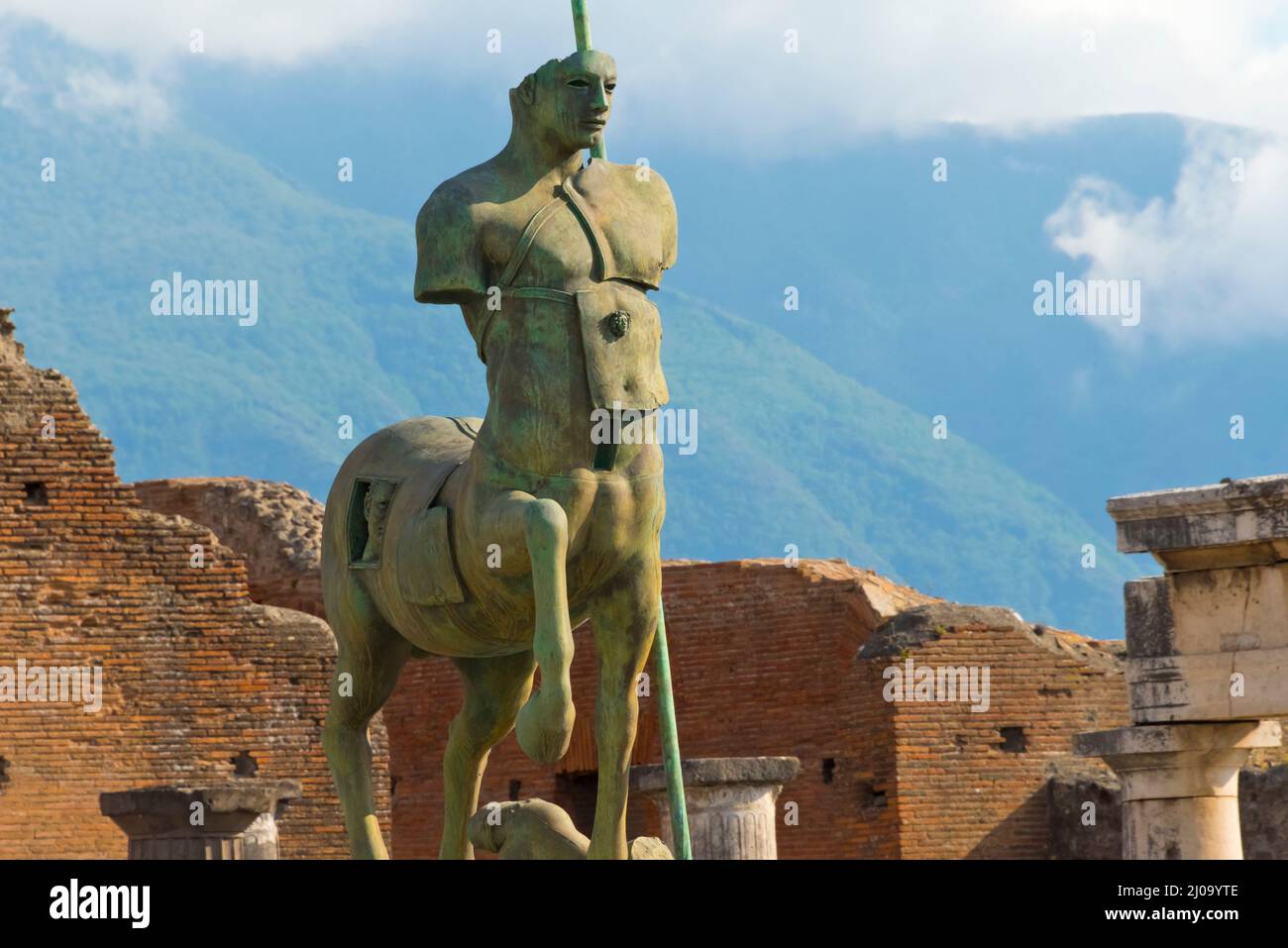 Ruins of Pompeii, Centaur statue in the Forum with Mount Vesuvius as background, UNESCO World Heritage Site, Province of Naples, Campania Region, Ital Stock Photo