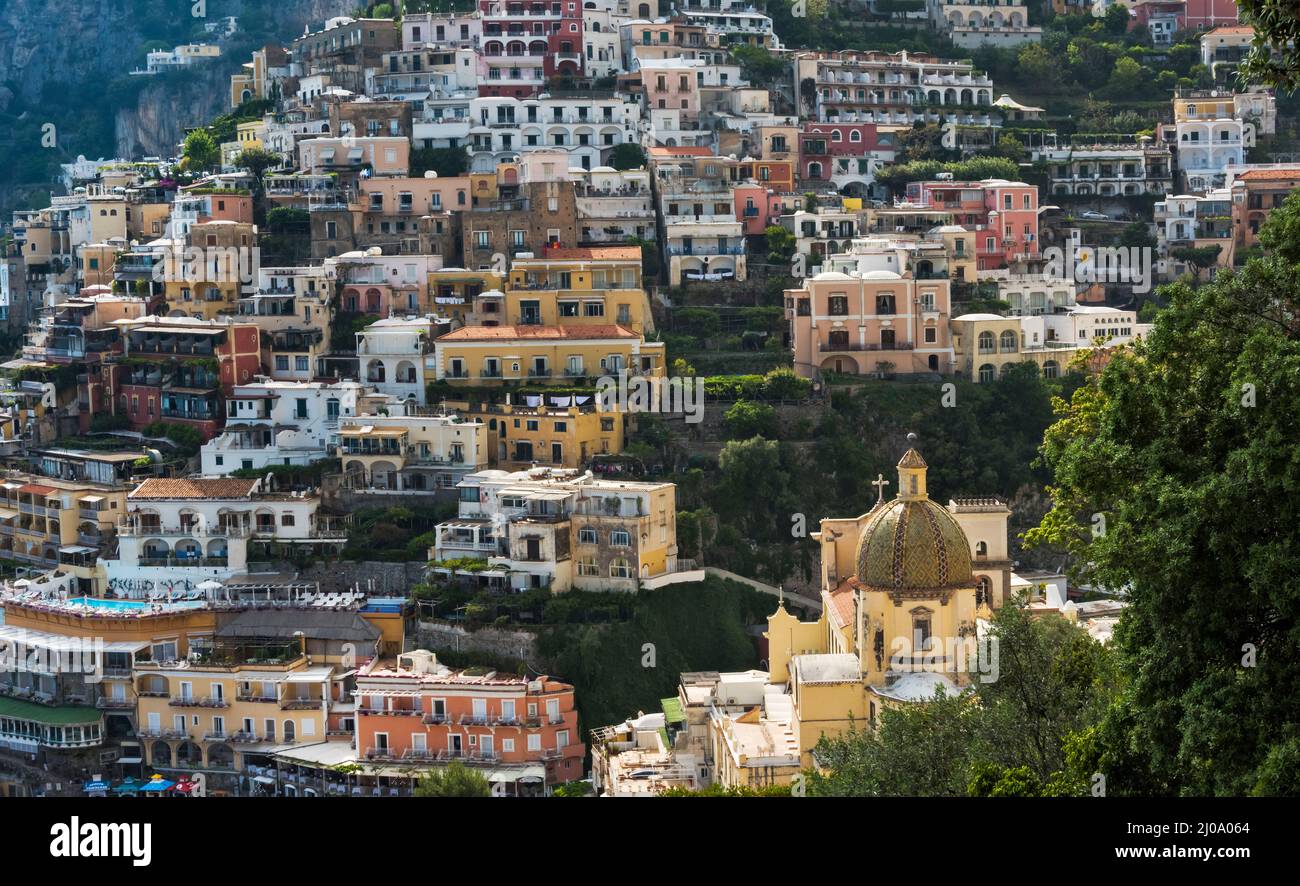 Church of Santa Maria Assunta and houses of Positano along the Amalfi Coast, Salerno Province, Compania Region, Italy Stock Photo