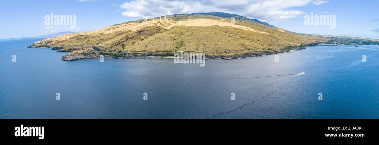 An aerial view of the West Maui Mountains with McGregor Point on the left and Maalaea Harbor on the right, Hawaii, USA. Four images were stitched toge Stock Photo