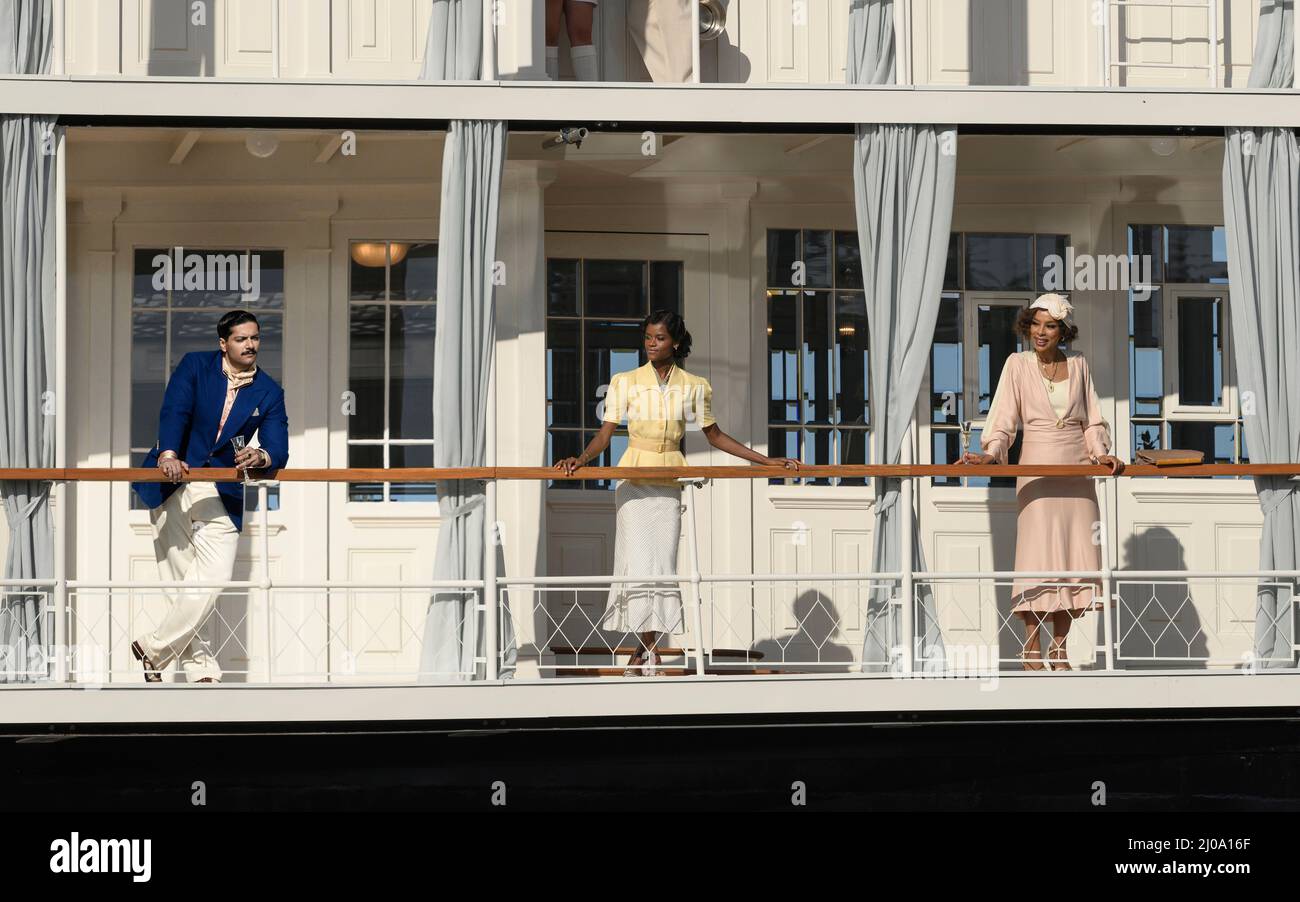 RELEASE DATE: February 11, 2022. TITLE: Death on The Nile. STUDIO: 20th Century Studios. DIRECTOR: Kenneth Branagh. PLOT: While on vacation on the Nile, Hercule Poirot must investigate the murder of a young heiress. STARRING: Ali Fazal as Andrew Katchadourian, Letitia Wright as Rosalie Otterbourne and Sophie Okonedo as Salome Otterbourn. (Credit Image: © 20th Century Studios/Entertainment Pictures) Stock Photo