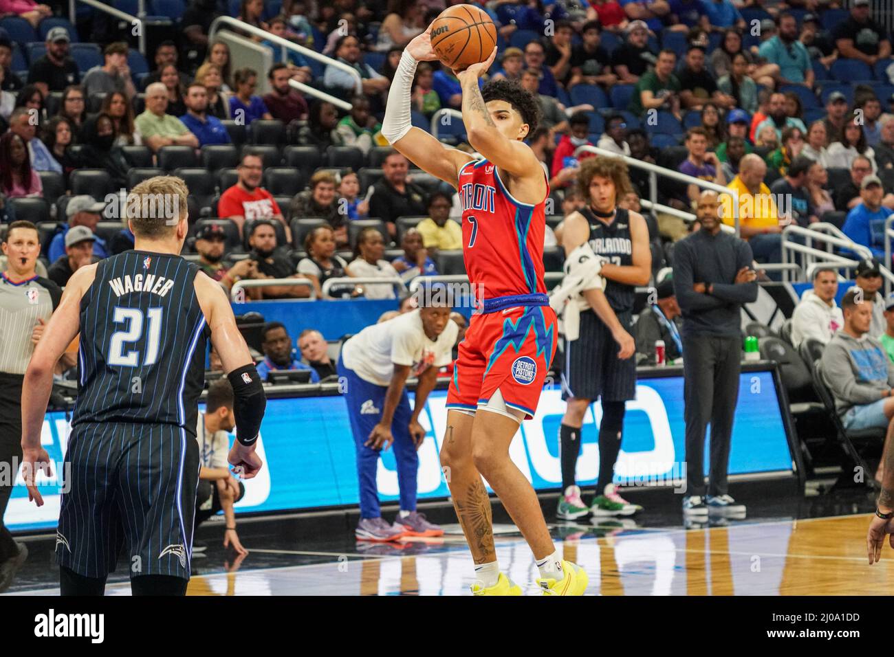 Orlando, Florida, USA, March 17, 2022, Detroit Pistons Point Guard Killian Hayes #7 shoots a three point shot at the Amway Center. Credit: Marty Jean-Louis/Alamy Live News Stock Photo