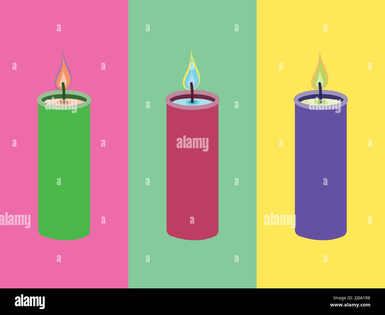 Three multicolored lit candles sitting horizontal with different